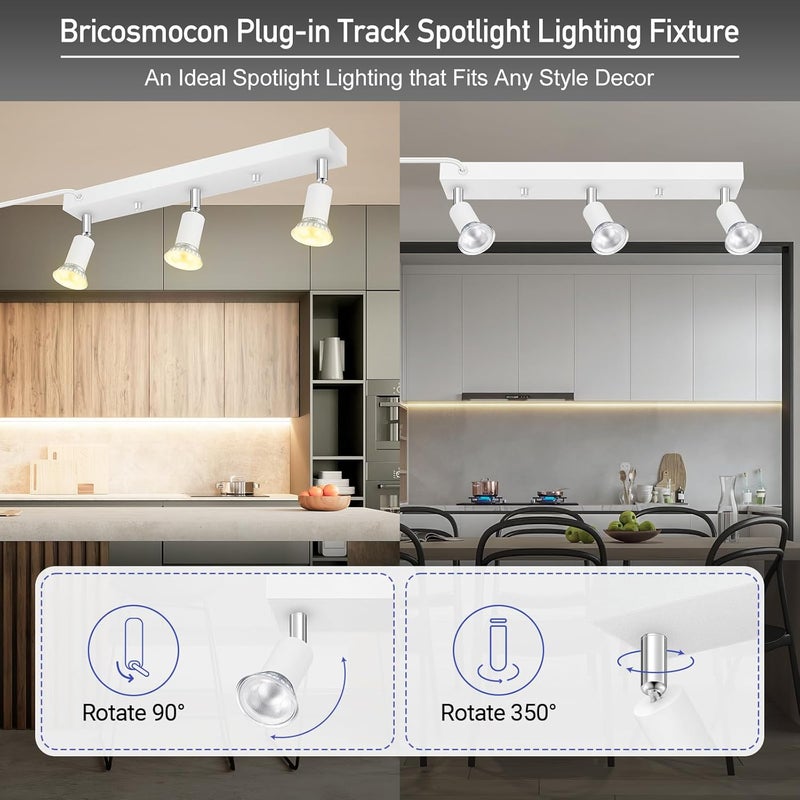 Bricosmocon Plug-in Track Lighting, LED Track Lighting Fixtures Ceiling Kit, 16" White Plug in Wall Light with 14.8ft Cord, 3-Light Ceiling Spotlight,Rotatable Kitchen Light Head for Bedroom Hallway(GU10,NO Bulb) - Image 2